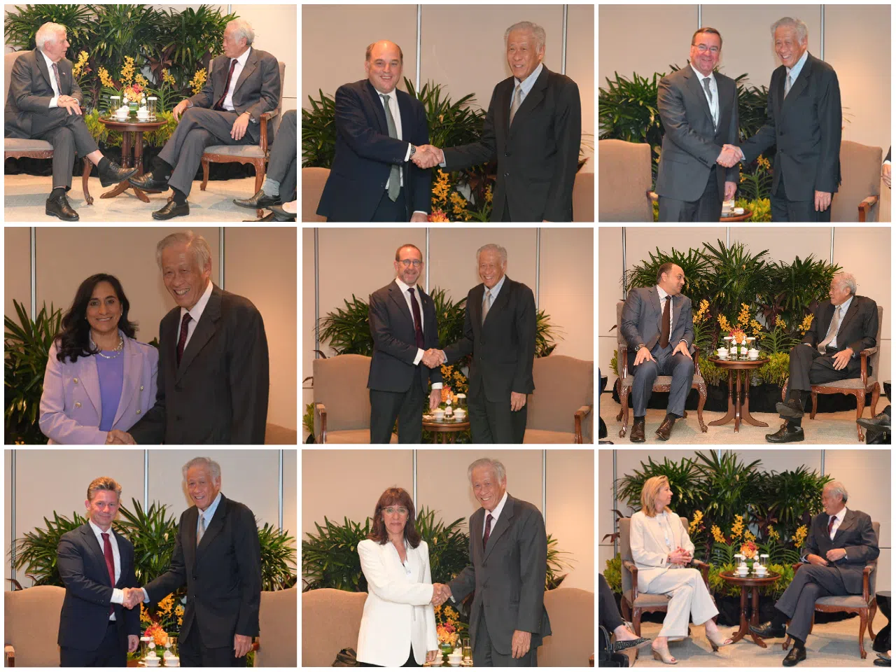 黄永宏分别会见欧盟高级代表兼欧洲委员会副主席博雷利（左上角起，顺时针）、英国防长华莱士、德国防长皮斯托留斯、卡塔尔副首相兼国防事务国务大臣哈立德、荷兰防长奥隆格伦、葡萄牙防长卡雷拉斯、瑞典防长雍松、加拿大防长阿南德，以及新西兰防长利特尔。（新加坡国防部提供）