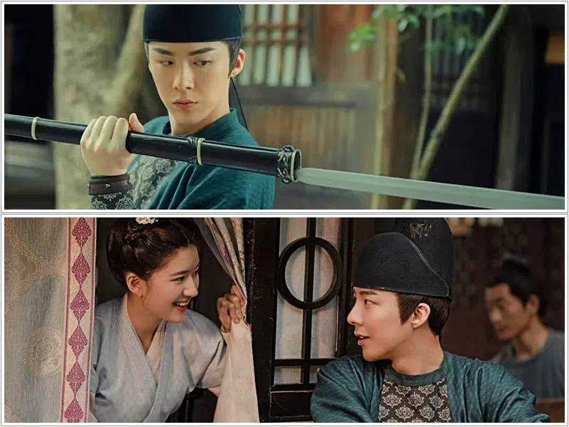刘宇宁（上图）在2021年《长歌行》出演的男二禁军统领皓都冷酷无情，与赵露思（下图左）饰演的软萌公主李乐嫣组成CP。（互联网）