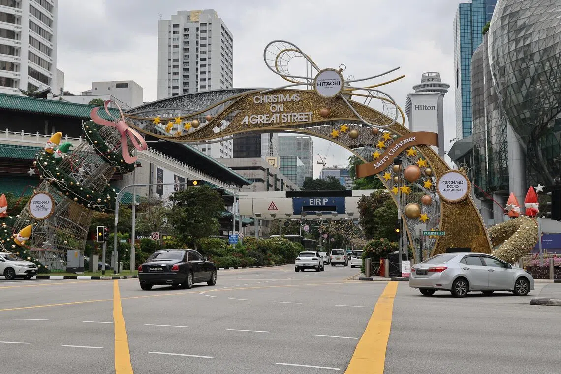 从东陵坊至狮城大厦，全长3.1公里的路上，会装点上充满圣诞氛围的蝴蝶结灯带、圣诞花环和彩球。（唐家鸿摄）