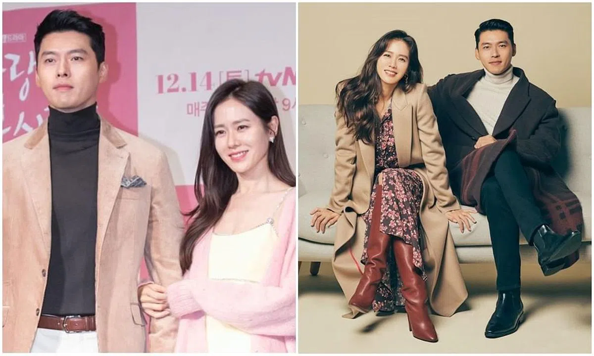 《爱的迫降》记者会上两人再次否认恋情（左）；剧集播出期间，两人的绯闻却持续甚嚣尘上。（图/互联网）