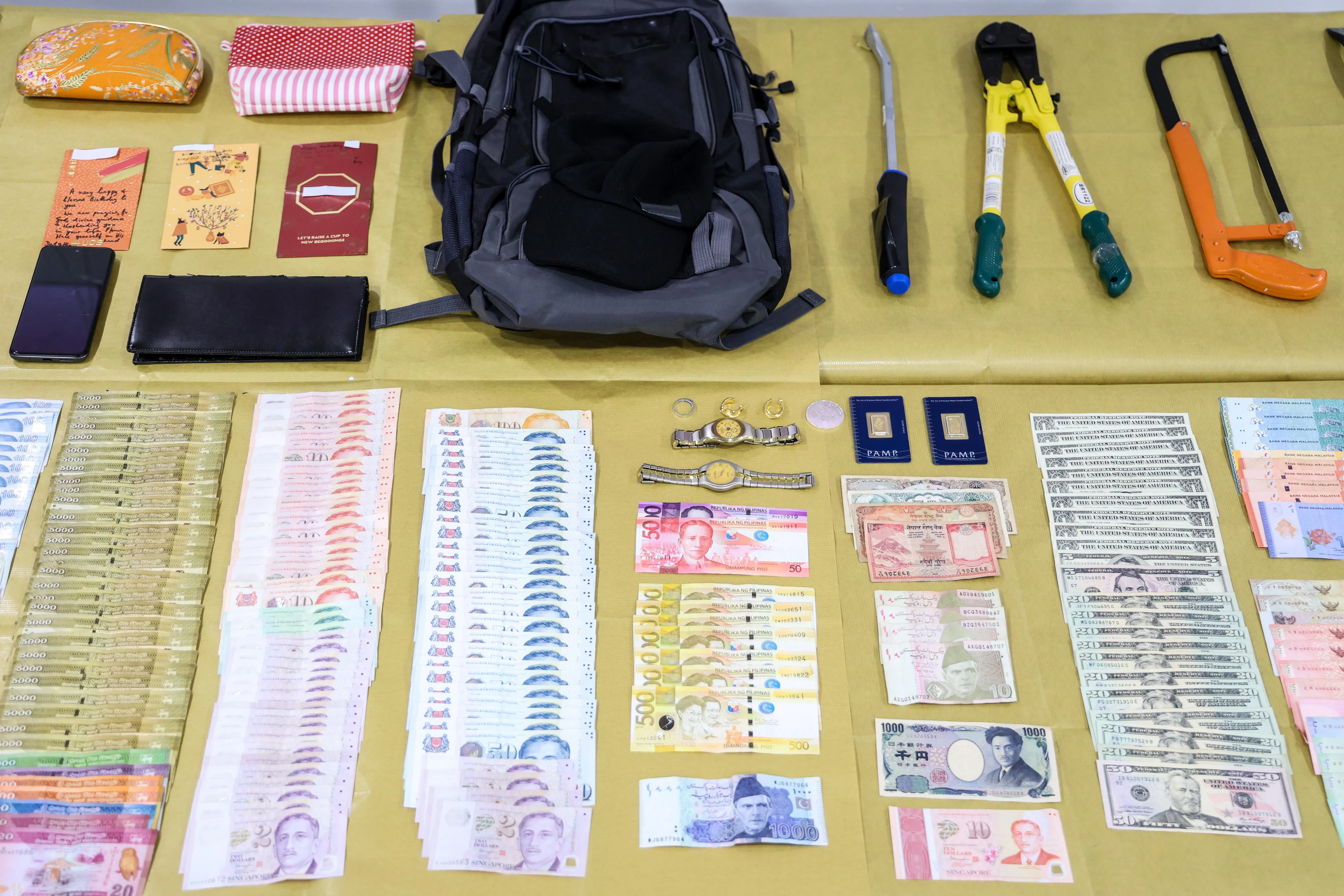 警方在行动中起获的物品包括各国外币现金、背包和一些干案工具。（档案照片）