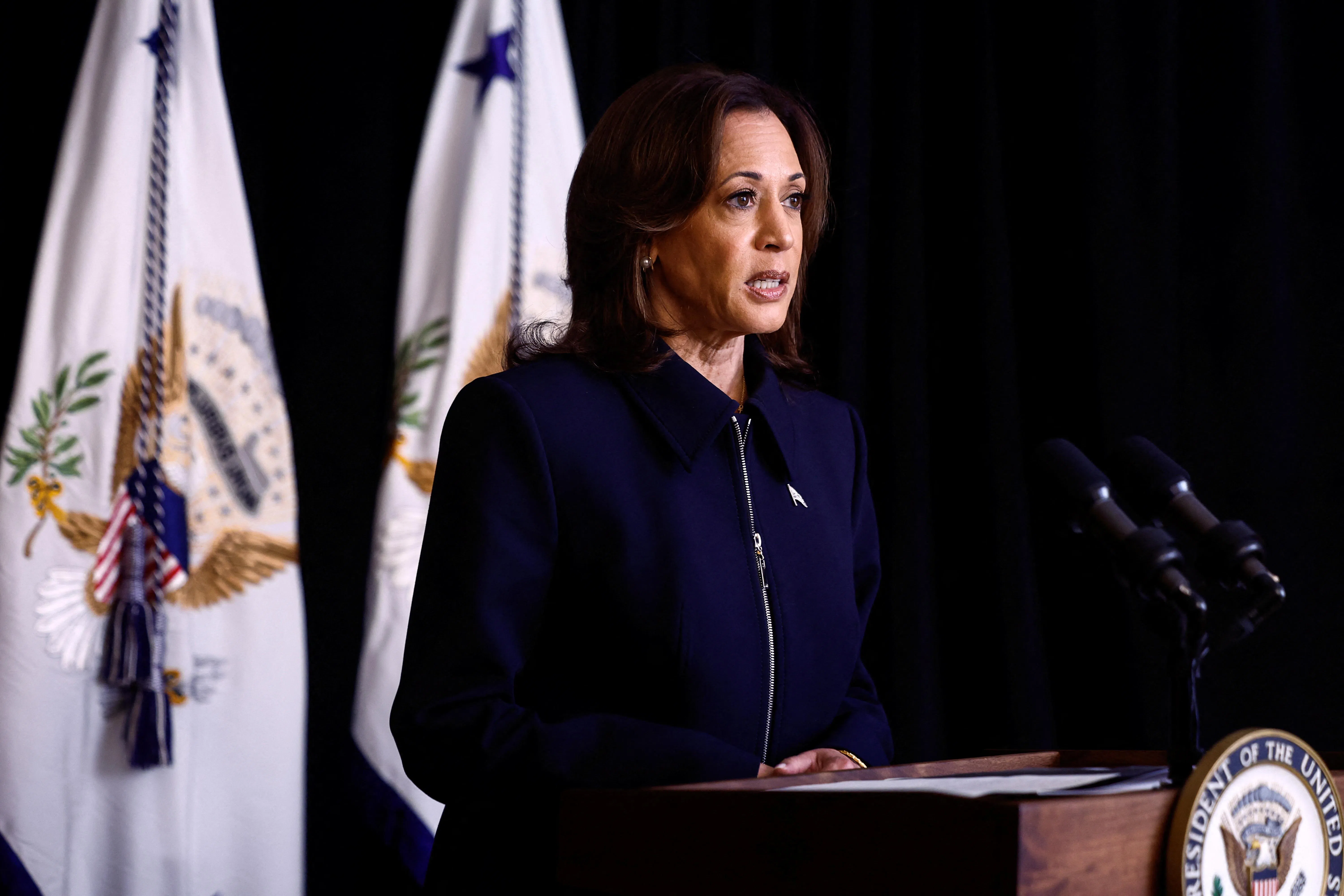 哈里斯10月1日访问华盛顿约瑟芬·巴特勒公园中心时发表讲话，强调她对以色列安全的承诺坚定不移。（路透社）