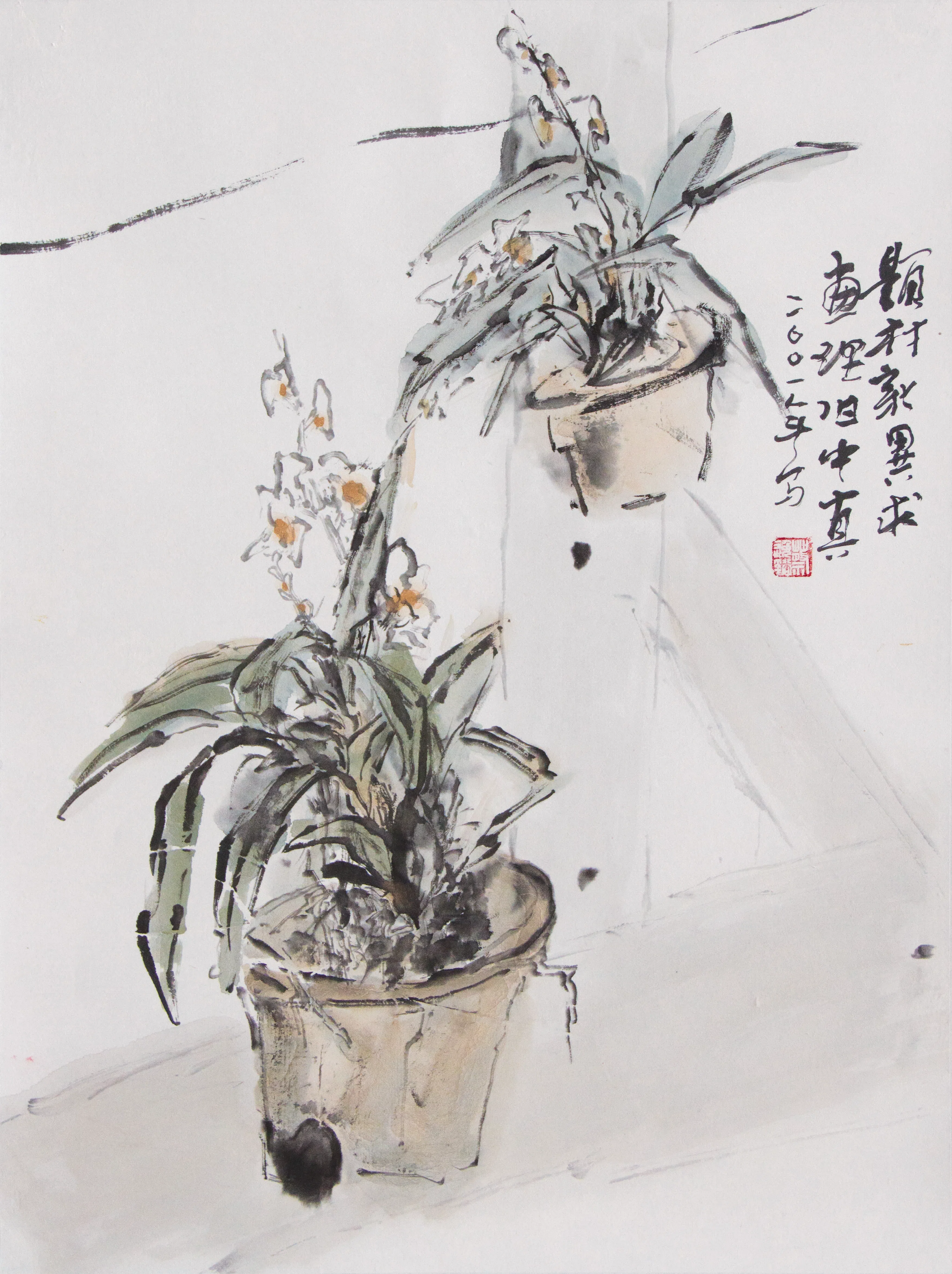 蔡逸溪兰花画（2001）题款“题村家，异求画理，但中真”。（藏家与蔡逸溪家属提供）