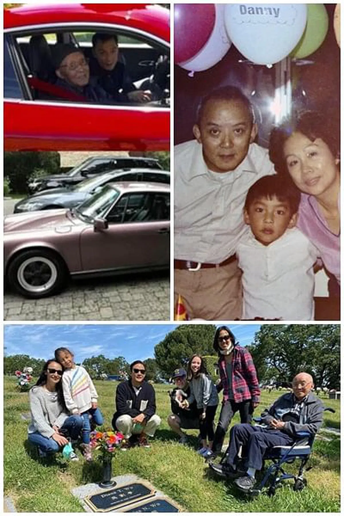 吴彦祖在社媒上分享童年全家福（右上图），以及载父亲兜风，和家人踏青的照片。（取自艺人IG）