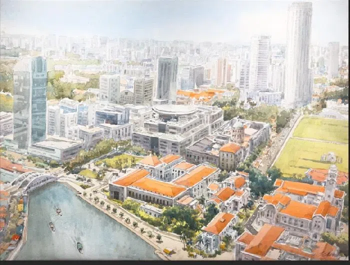 王金成水彩巨画《新加坡市政区》。（嘉合画轩提供）