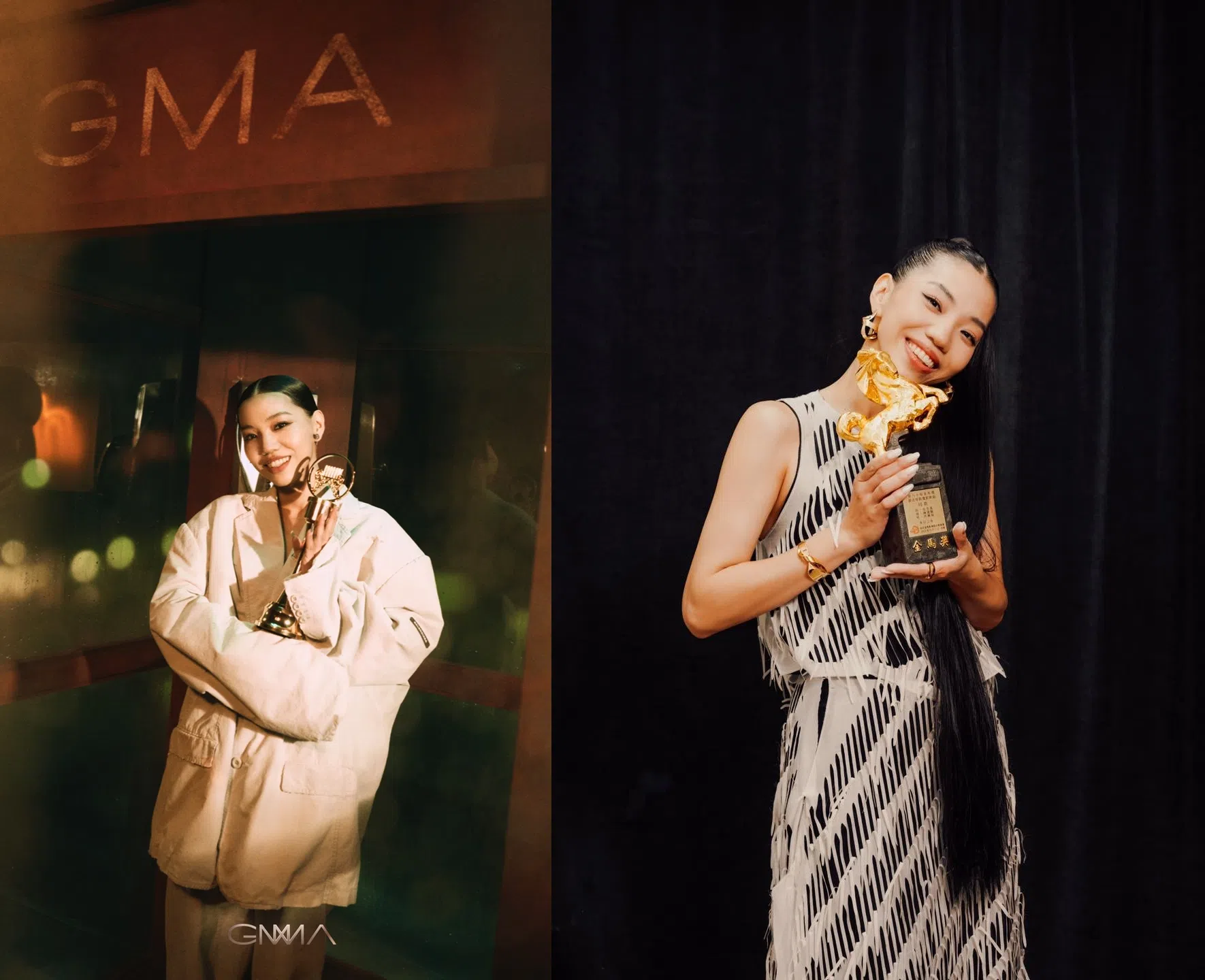 2023年，洪佩瑜拿下第34届金曲奖最佳新人奖（左）及第60届金马奖最佳原创电影歌曲奖。（取自何乐音乐及洪佩瑜脸书）