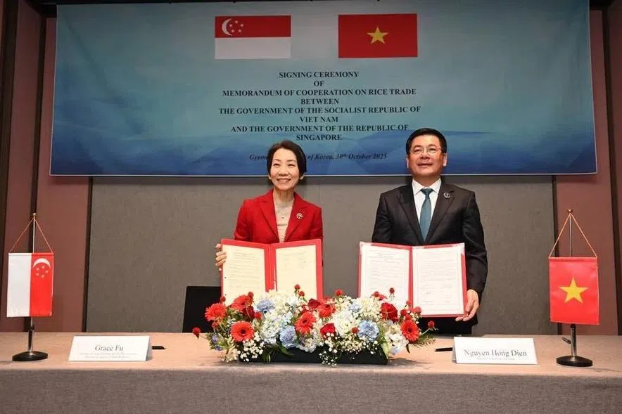 主管贸易关系的永续发展与环境部长傅海燕（左）与越南工商部长阮鸿延（Nguyen Hong Dien）在韩国庆州签署合作备忘录。（海峡时报）