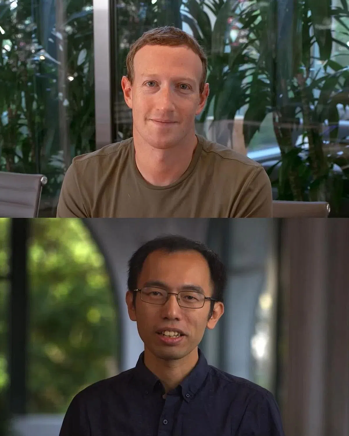 扎克伯格（上图）、陈鹏仁在视频中示范闽南语翻译系统。（Meta提供）