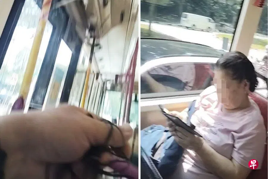 （左图）吴明辉从包内取出随身携带的耳机，准备送给女乘客。（右图）吴明辉说女乘客手机音后来停止用手机播放视频。 （取自Tiktok）