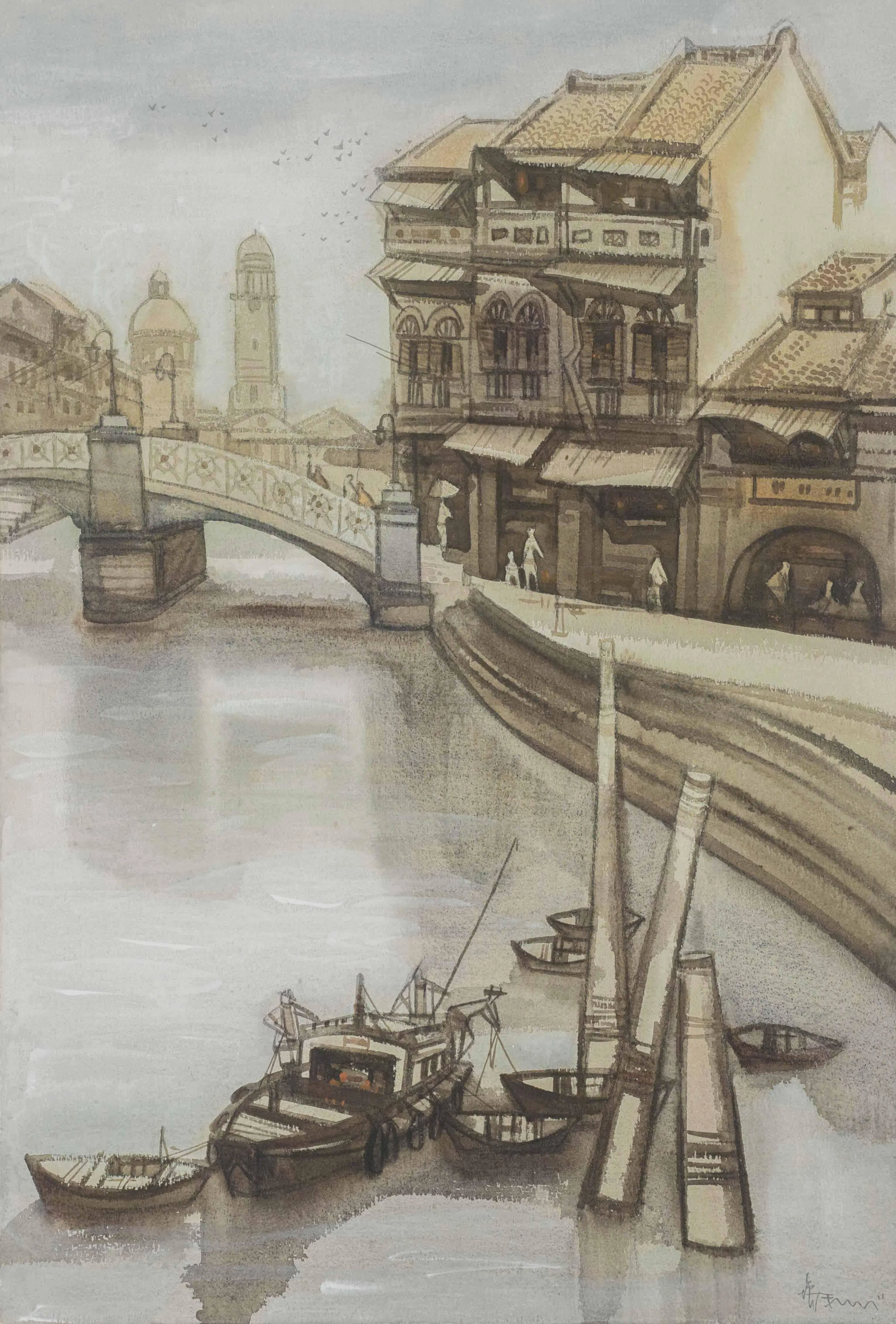 刘培和水彩画《波平如镜》（1984）。（受访者提供）