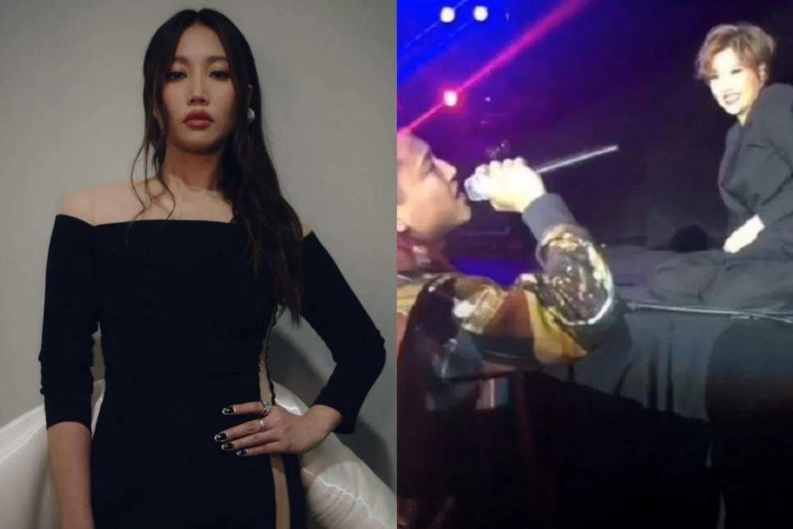 A-Lin（左图）在演唱会上听到男歌迷的忘情演唱而跌坐在台上（右图）。（取自A-Lin IG、视频载图）