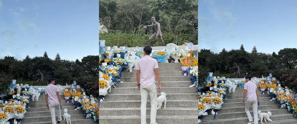 高以翔二哥高宇桥带着他生前的爱犬“帝欧”来到他的长眠处。（取自高宇桥Instagram）