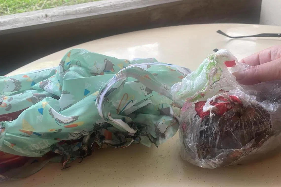 魏玉芹放在桌上的塑料袋也被殃及池鱼，部分塑料袋被烧掉。 （受访者提供）