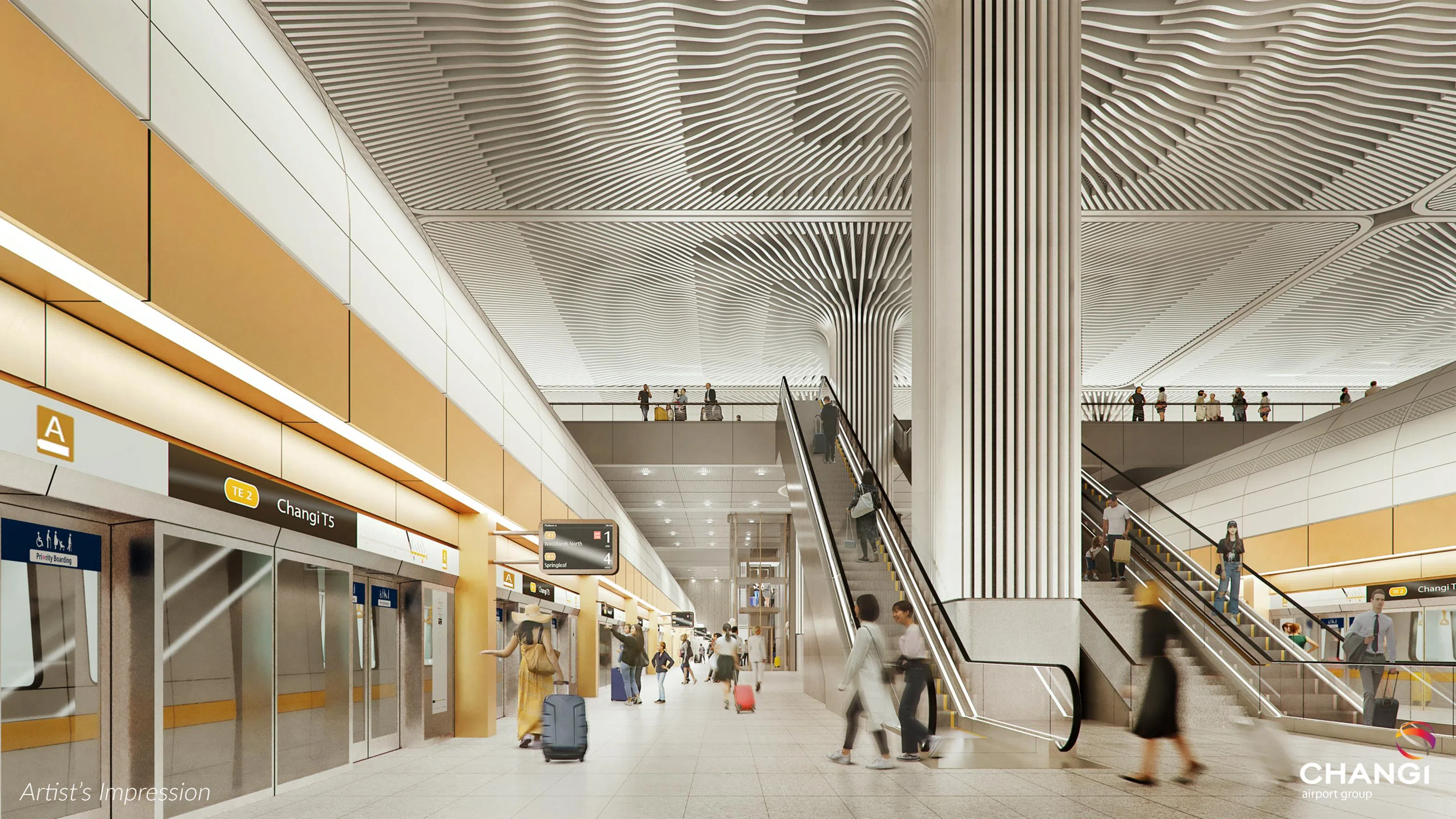 汤申—东海岸地铁线将岛国北部以至东边的公众带到T5地下地铁站，仿照雨树雕刻的柱子和天花板，为地铁站注入大自然元素。（樟宜机场集团构想图）
