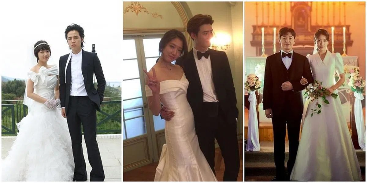 朴信惠在不同剧中身着婚纱的模样，左起为《原来是美男》、《匹诺曹》、《 西西弗斯的神话》。（图/互联网）