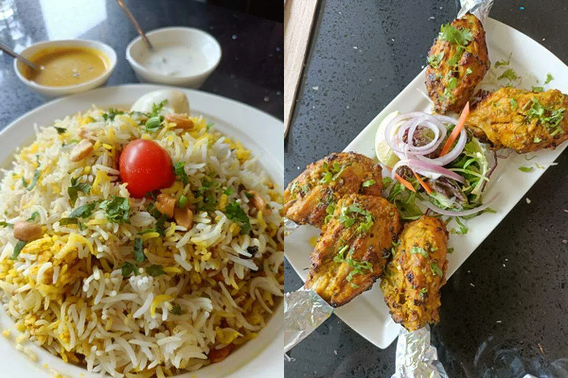 印度菜餐馆Biryani Concepts的招牌菜黄姜饭（左），有多种口味，米饭松软；烤鸡（右）以印度传统筒状泥炉烤制，多一份熏香味。（黄亿敏摄）