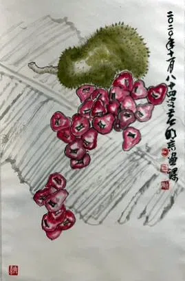 黄明宗以水墨画红毛榴梿与水翁。（黄明宗提供）