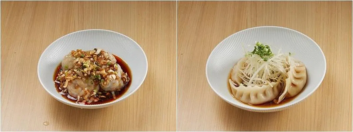 “创作面工房鸣龙”皮薄馅多的辣蒜虾仁云吞（左）与水饺（右）。（餐馆提供照片）