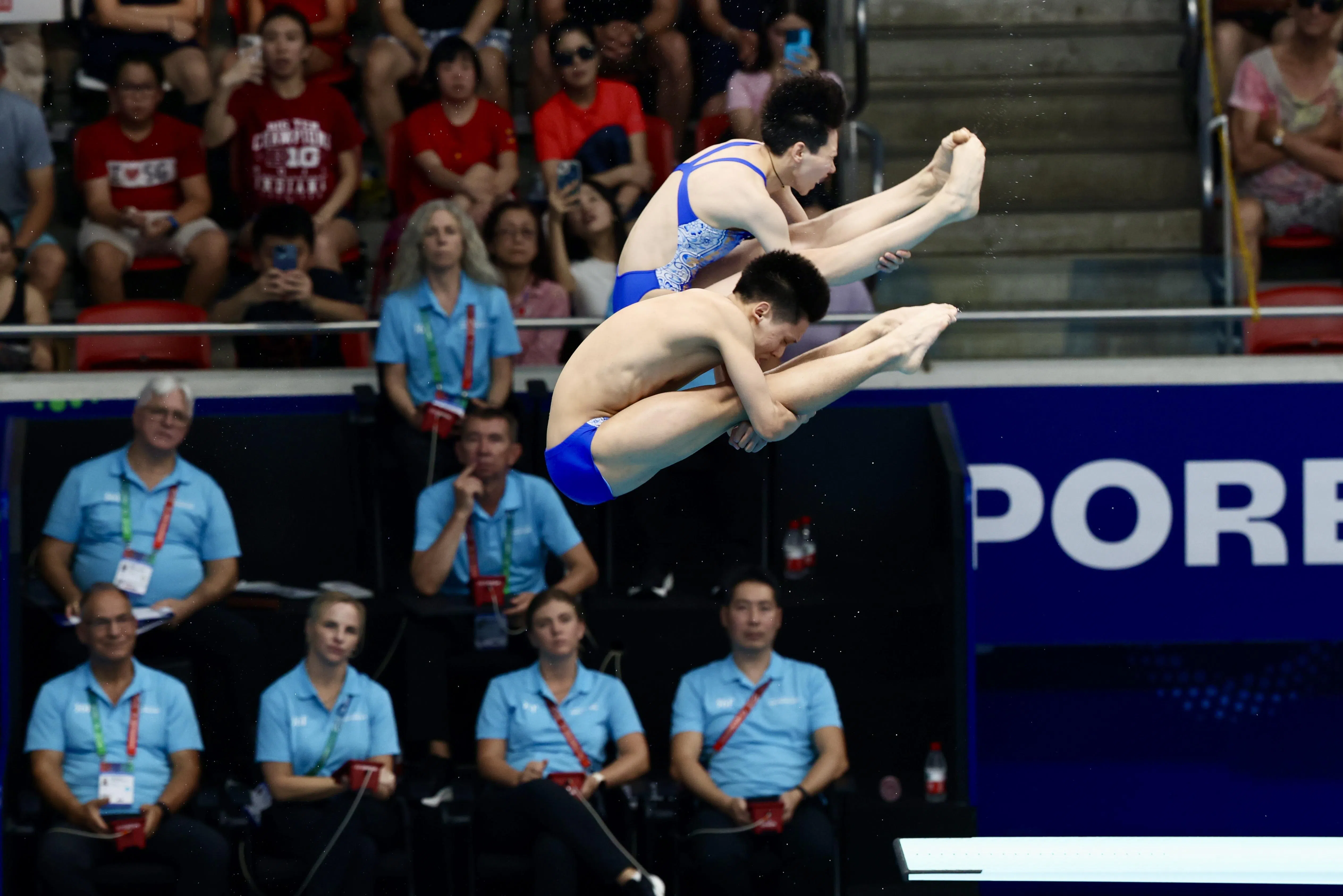 李亚杰／程子龙（下）出现失误，无缘为中国重夺混合双人三米跳板冠军。（陈斌勤摄）