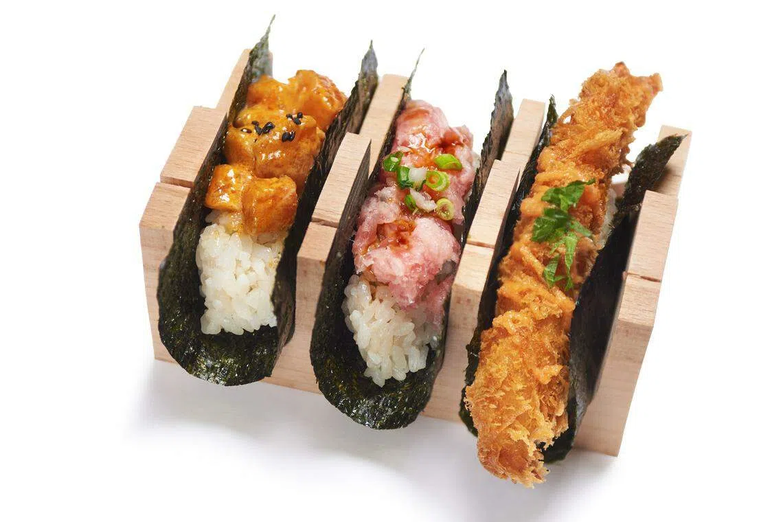 Tsuta推出多款海苔卷（Nami Maki），如辣三文鱼、葱拌鲔鱼和天妇罗虾。（餐馆提供）