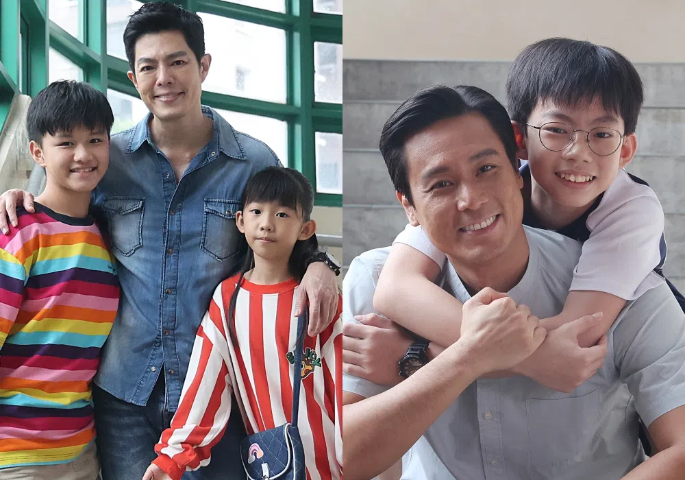 张耀栋（左图中）在新传媒剧集《孺子可教也》中饰演一名“虎爸”。同剧的陈邦鋆（右图左）表示不清楚张耀栋的私生子传闻。（新明日报）