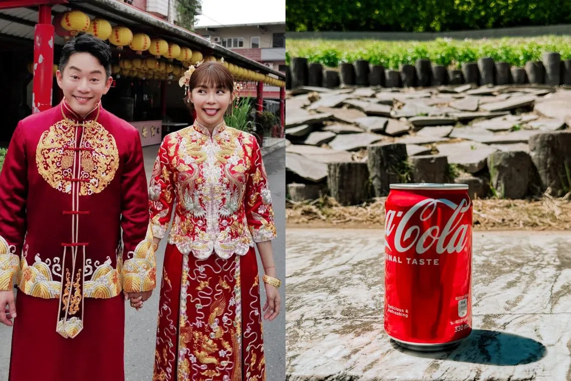 Junior（左图左）带黄鸿升最爱的可乐到墓园祭拜，并告诉故友自己结婚了。（取自Junior脸书）