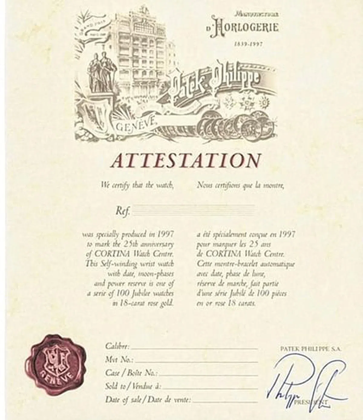 25年前百达翡丽为高登25周年打造的纪念腕表证书。（图/受访者提供）