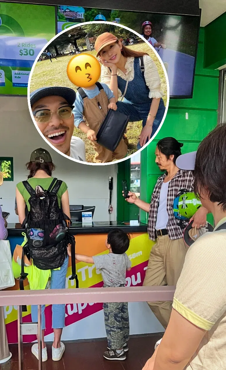 根据网民3日在小红书分享的照片，林志玲（左）在柜台购票，爱儿就站在身旁，Akira（右）则一脸宠溺看着手机屏幕里的爱妻。（取自momo小红书、艺人IG）