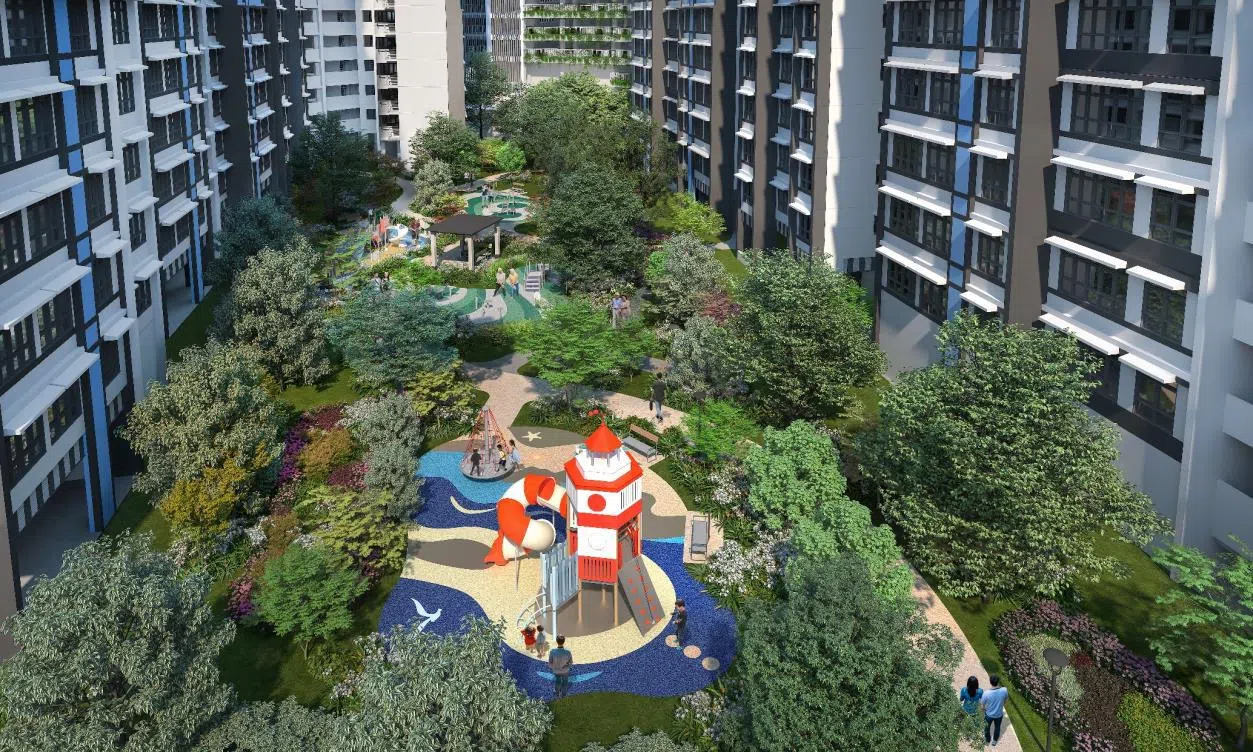 Sembawang Beacon项目的休闲空间延续海事主题，设有具航海元素的游乐场，包括灯塔造型的游乐设施。（建屋局构想图）