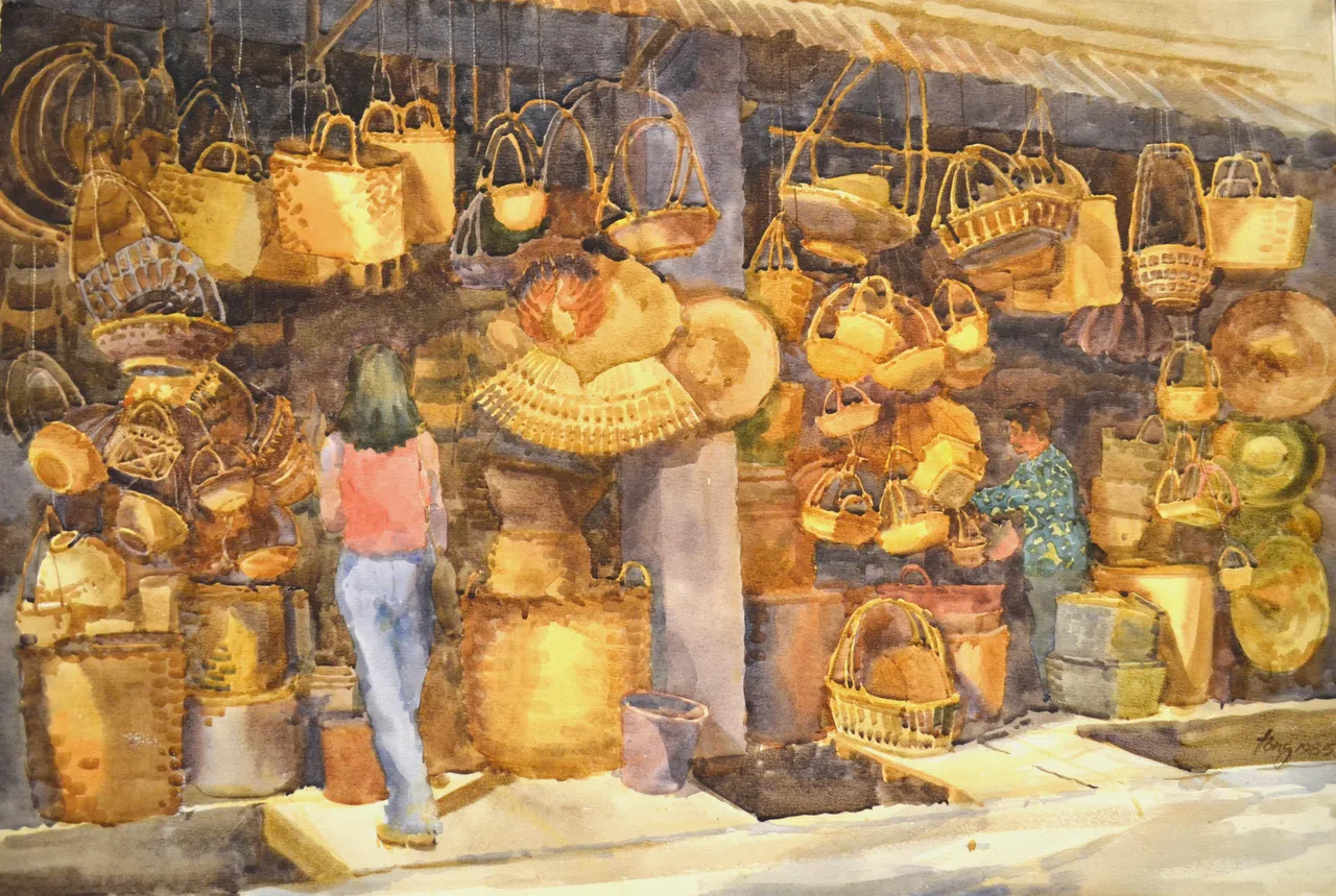 集菁艺社展出本地画家童振狮1985年水彩画《旧市集》，售价1万5000元。（平价艺博会提供）