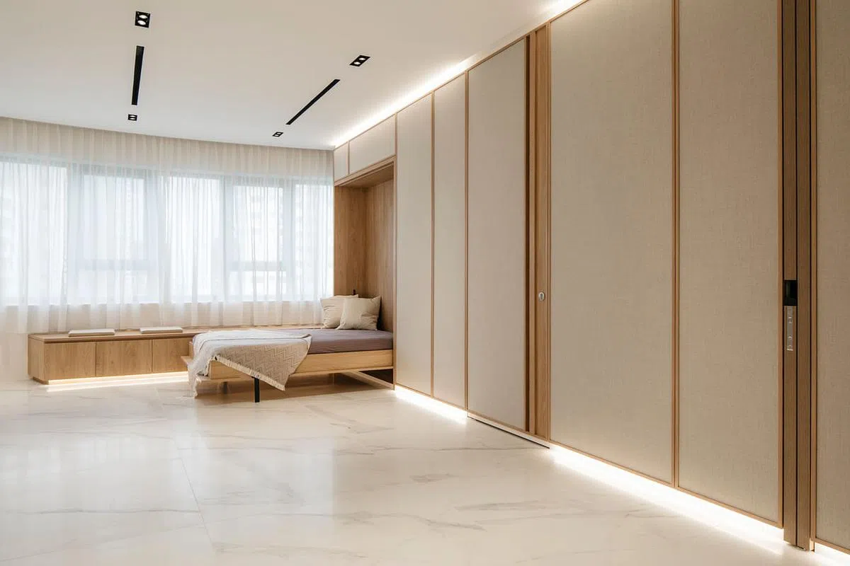 长廊尽头是开放式书房、起居室。只要拉出藏在墙中的木门，即可隔出一间客房。（Metre Architects提供照片）