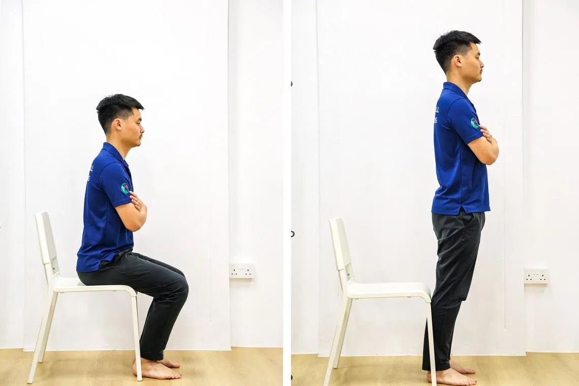 坐到站看似简单，但要练得好须掌控速度，无论起身或坐下都要缓慢进行。（陈斌勤摄）