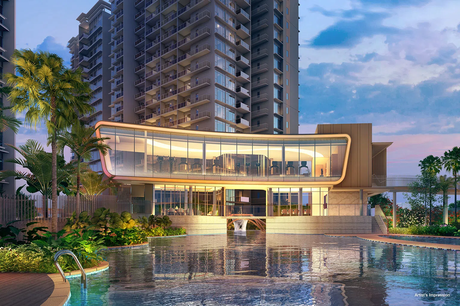 公寓内有超过40个公共设施，包括80米长的大型游泳池。图为泳池俱乐部。（效果图/新海逸和中建地产提供）