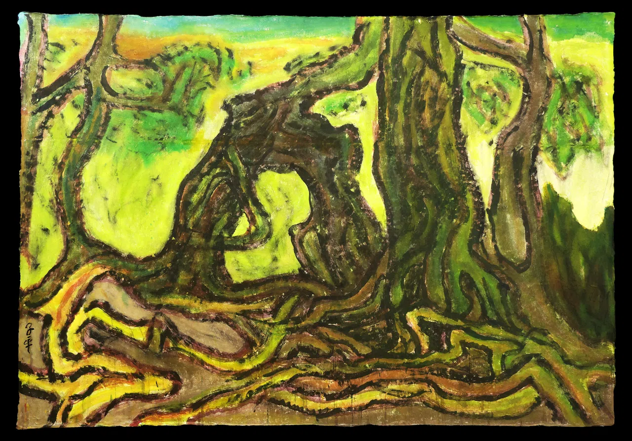 102岁书画家林子平最近庆贺《早报》创刊百年赠送的彩墨巨画《百年根深》也会展出。（叶振忠摄）