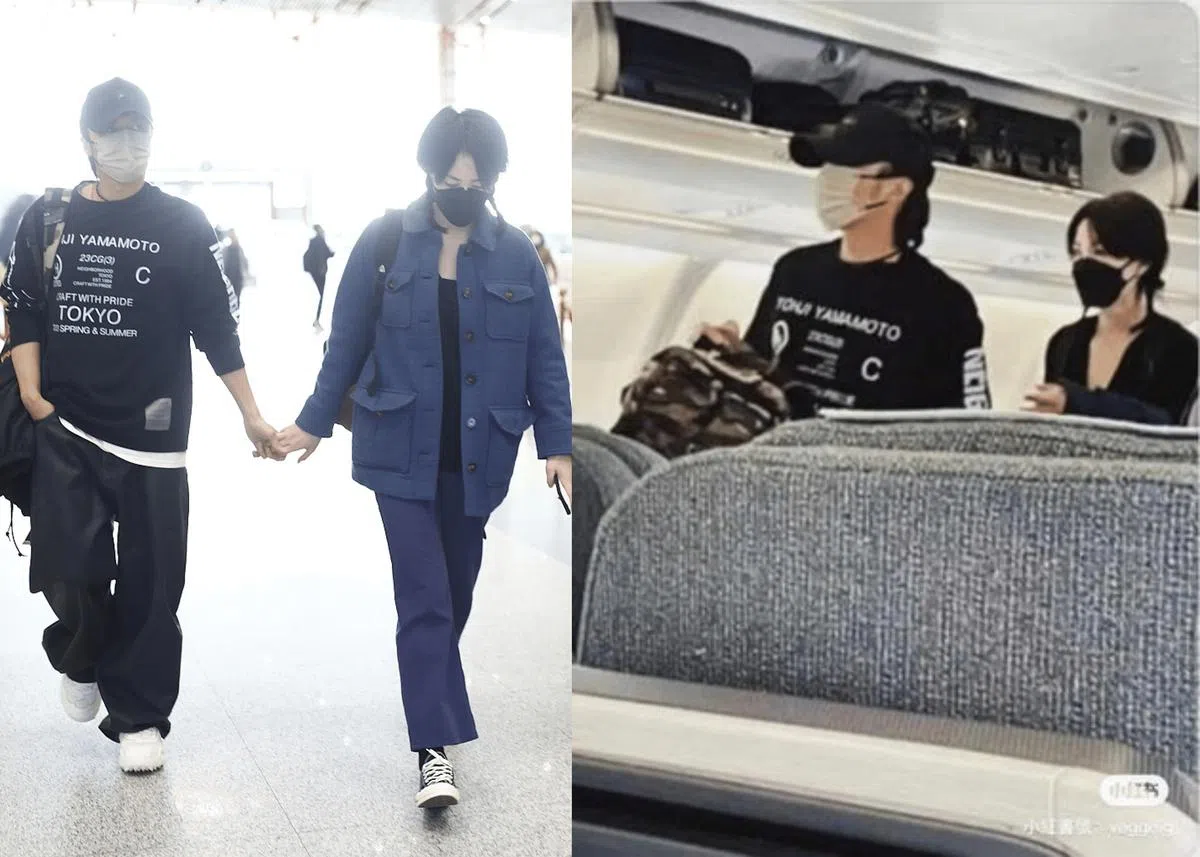 网民拍下谢霆锋和王菲在机舱找座位的照片，形容两人“互动很有爱”。（互联网）