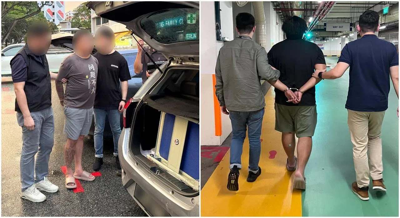 黄家胜（左）和另一名涉案男子李道靖在警方的执法行动中被逮捕。（新加坡警察部队提供）