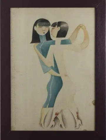 墨西哥艺术家珂佛罗皮斯（Miguel Covarrubias）绘画作品《两位中国女子翩翩起舞》。（广州美术学院大学城美术馆提供）