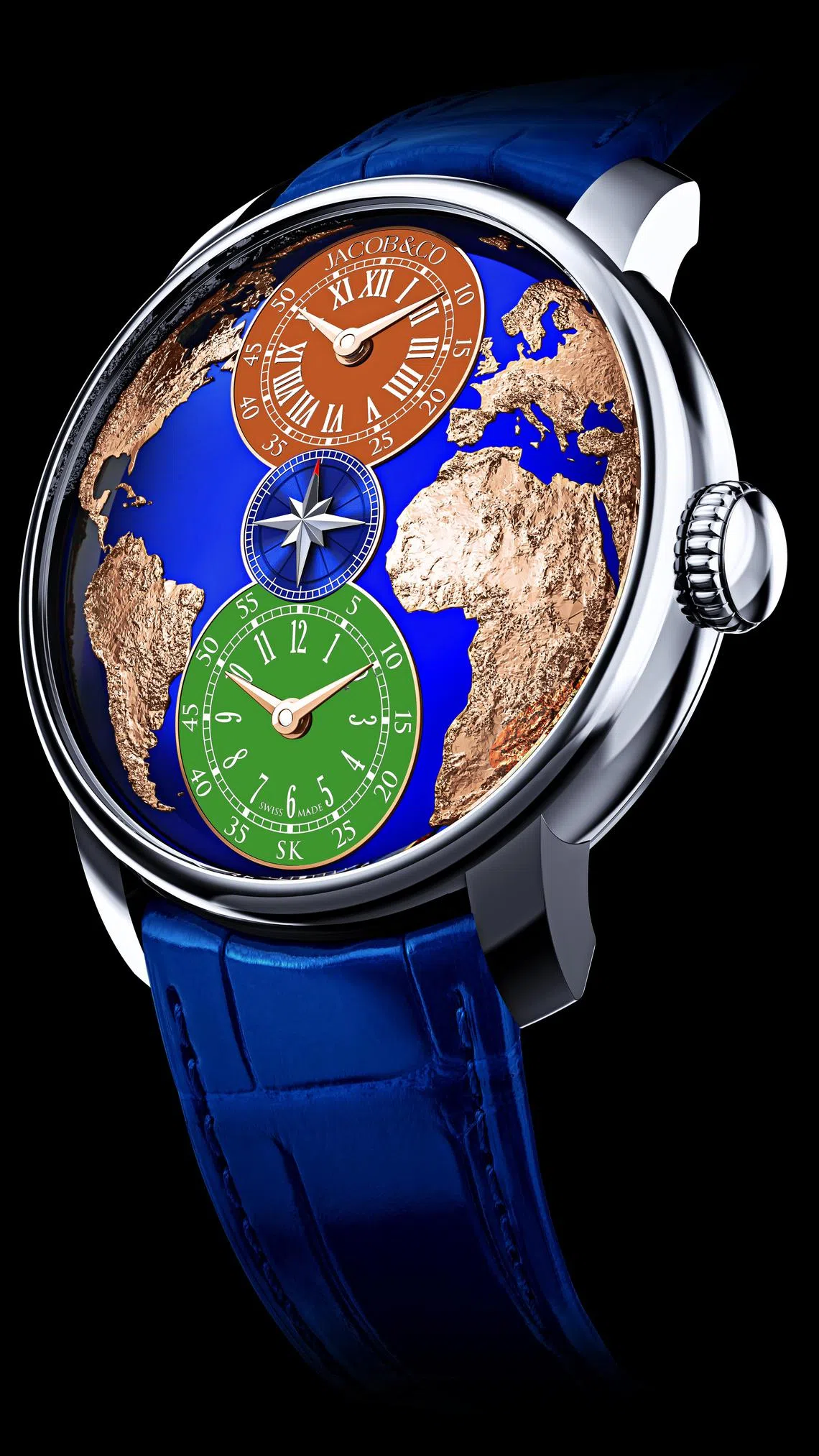 杰克宝与印度巨星萨尔曼·汗合作的双时区腕表，采用立体圆拱形球体表盘，呼应全球旅行主题。（杰克宝提供）