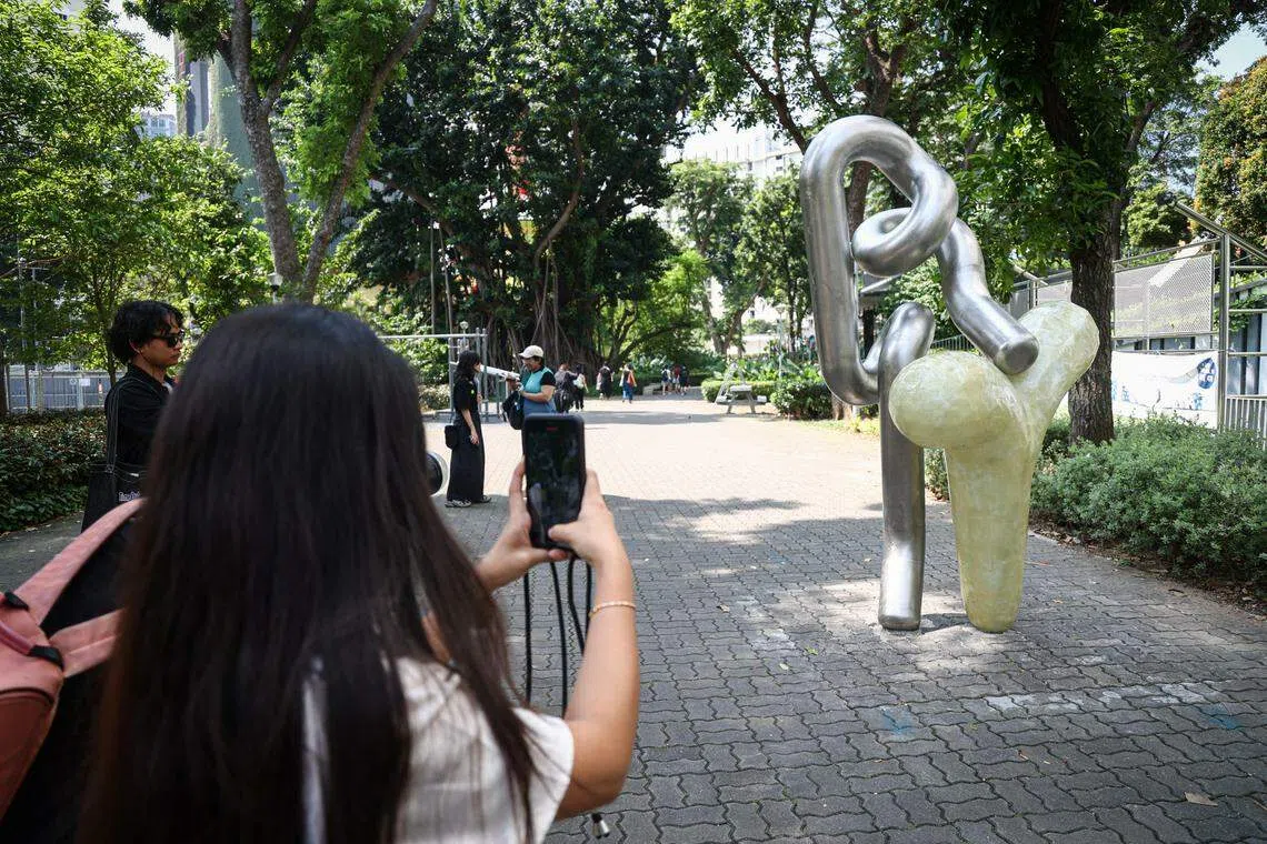 艺术家Aki Hassan的雕塑启发自公园的印度橡胶树。（李健玮摄）