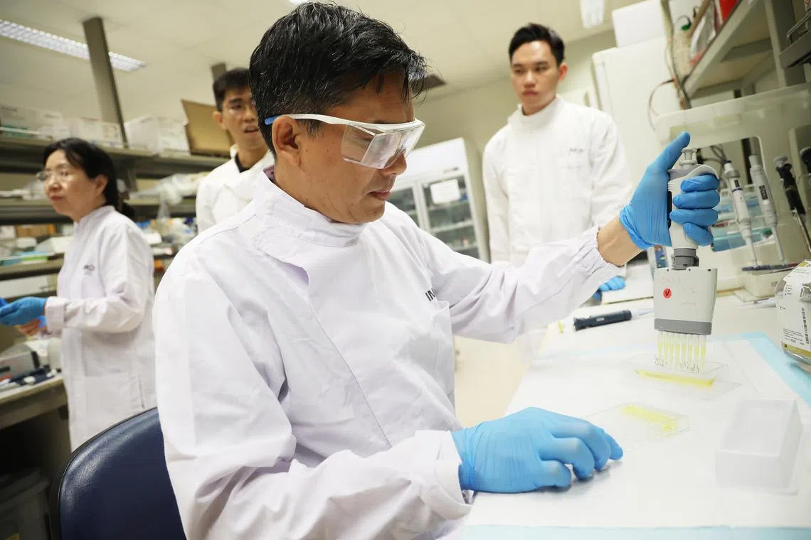 新科研分子和细胞生物学研究院的高级研究员敏都拉（Min Thura，戴护目镜者），针对PRL3-zumab进行药物稳定性的相关试验。（蔡家增摄）