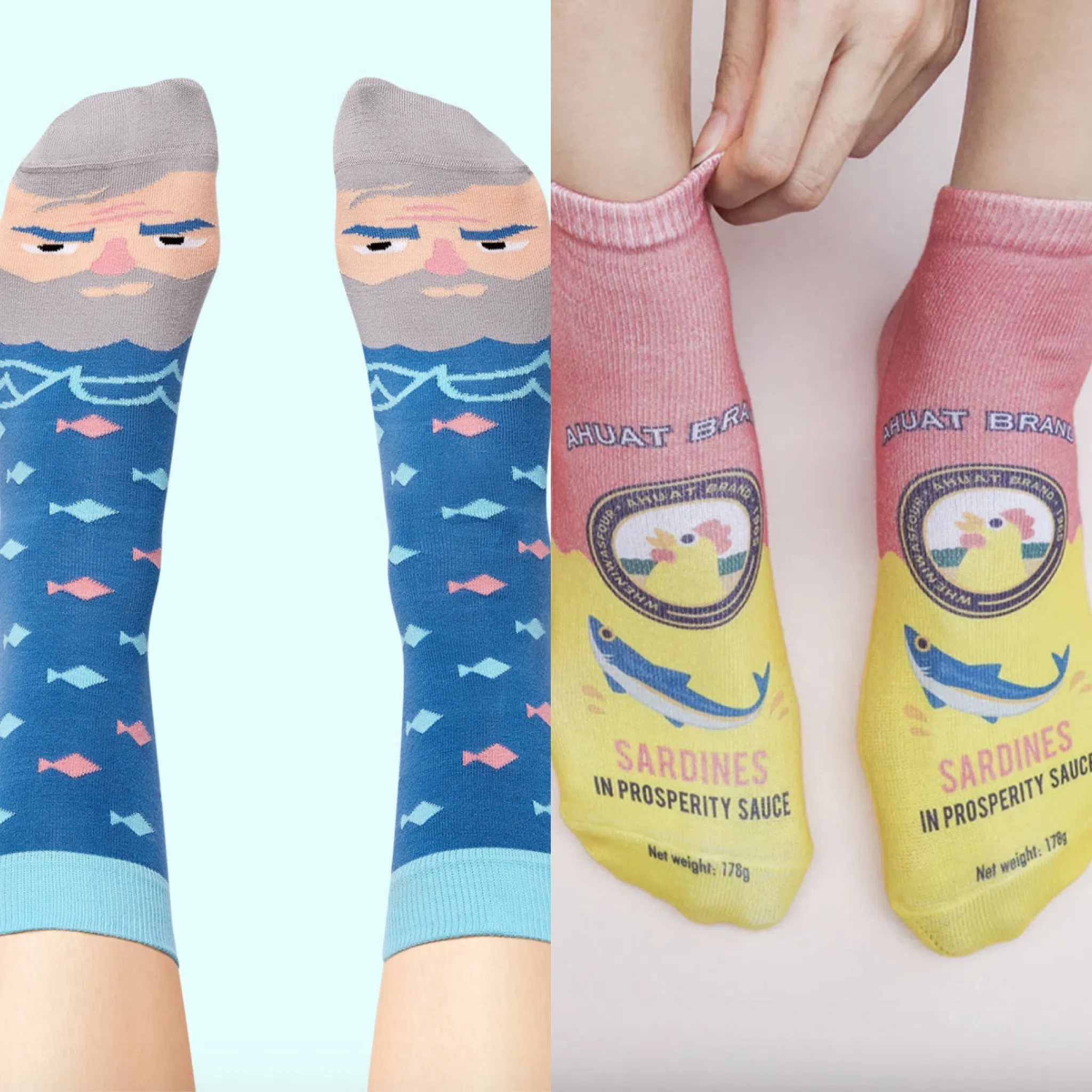 本地“小时候”罐头沙丁鱼主题袜子（右图）与“Ernestoe Hemingway”《老人与海》主题袜子。（右图取自小时候网店，左图取自红点设计博物馆网店）