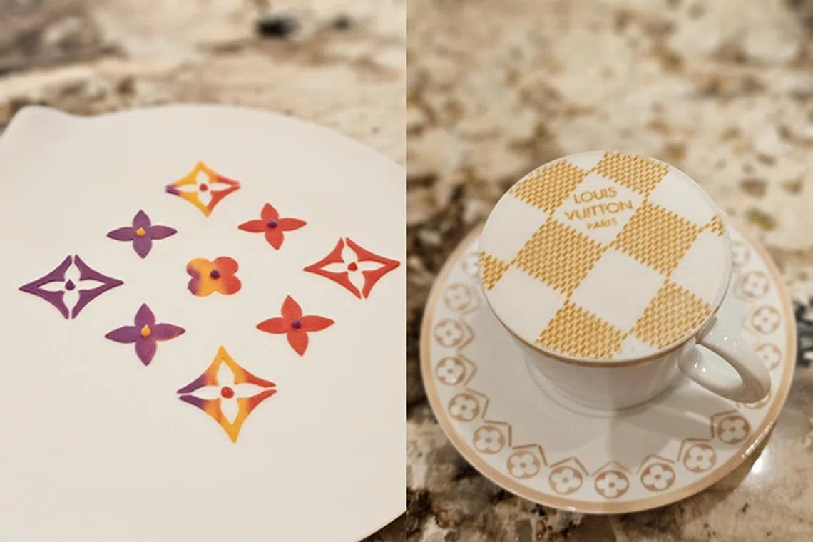 Gaggan at Louis Vuitton餐馆，名厨加甘·阿南德为招牌菜添加路易威登设计元素，咖啡的拉花图案也有品牌标志设计。（黄亿敏摄）
