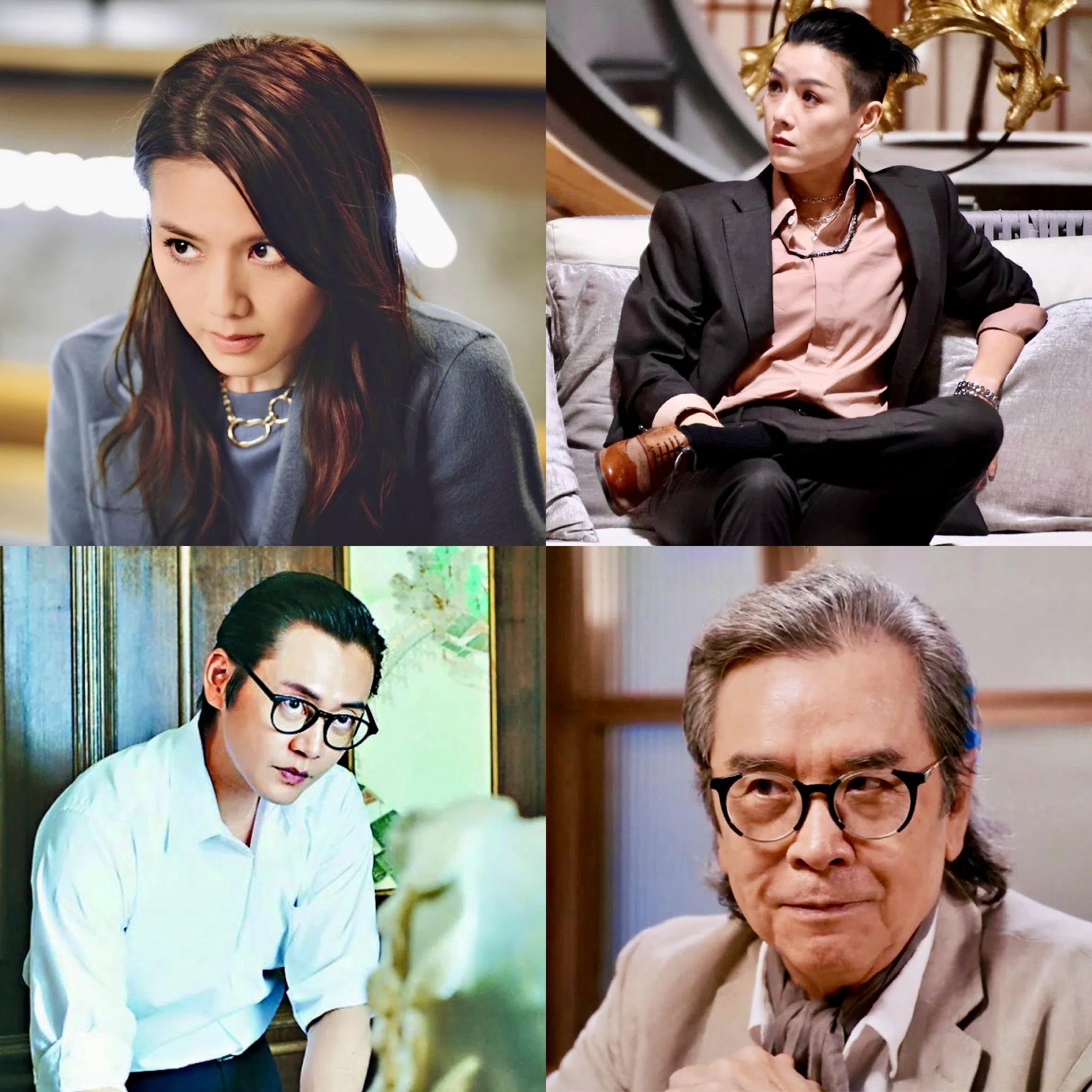 周秀娜（左上图起，顺时针）、陈茵媺、姜大卫和张振朗在近期剧集中分饰两角。（互联网）