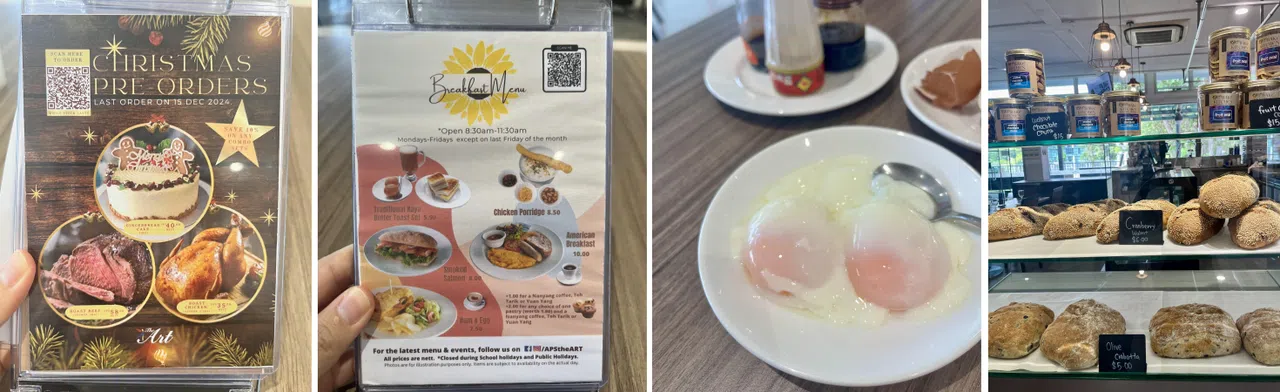 （左起）The Art的圣诞餐点；早餐选择；煮得恰到好处的半生熟鸡蛋；供外带的面包。（陈映蓁摄）