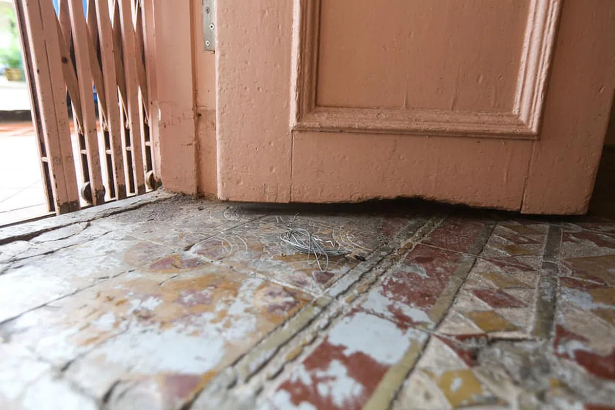 店屋楼下前厅那风化后带有欧式风格的娘惹地砖，就像意大利旧教堂中的陈年地砖。