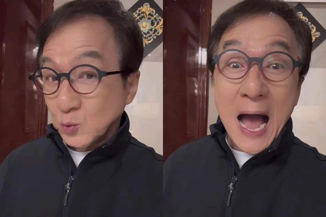 成龙在视频中对着镜头摆出各种姿势。（成龙小红书视频截图）