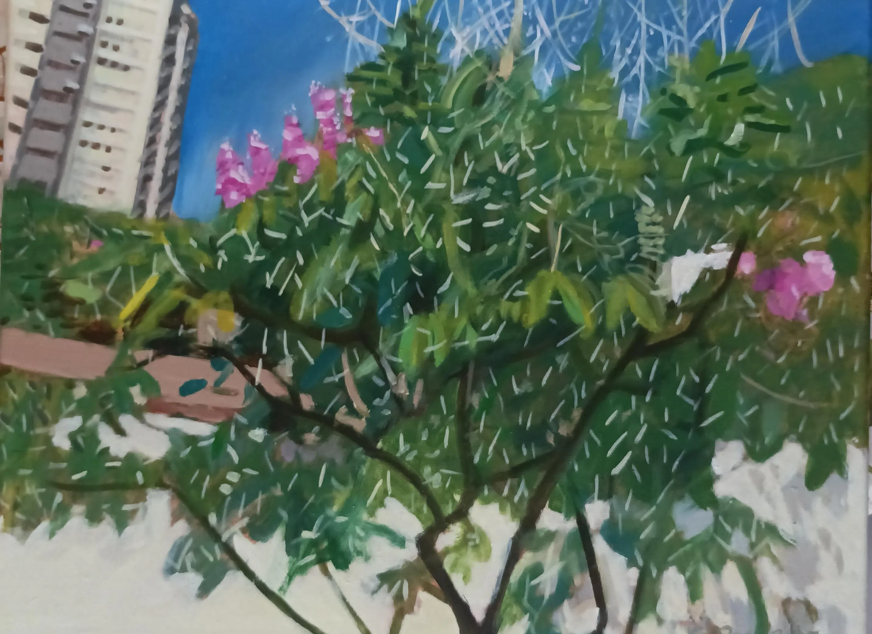 郑旭鹏油画系列《旅程》之一，捕捉花园城市的绿意。（画家提供）
