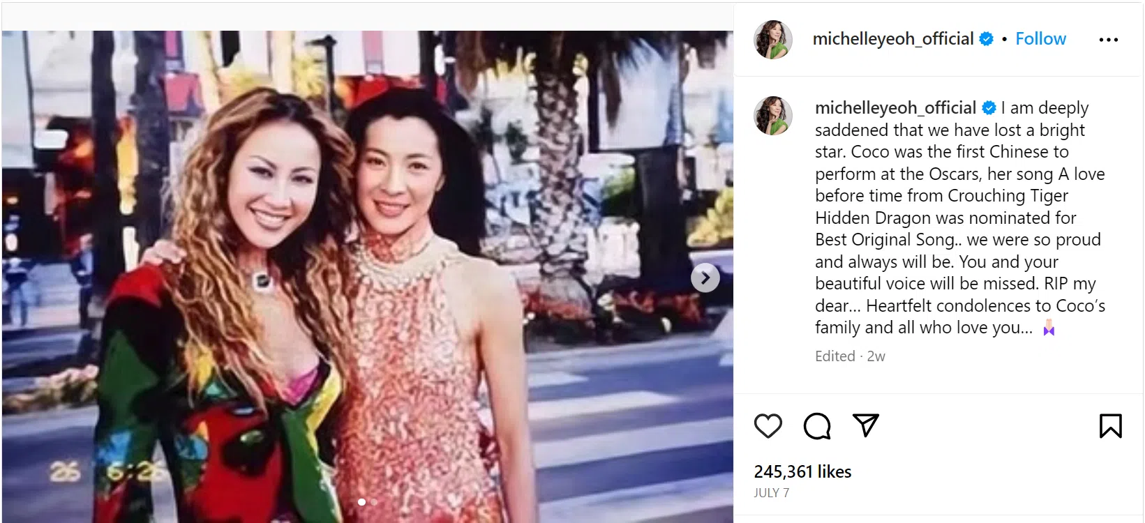 杨紫琼IG哀悼李玟。（截自李玟脸书）