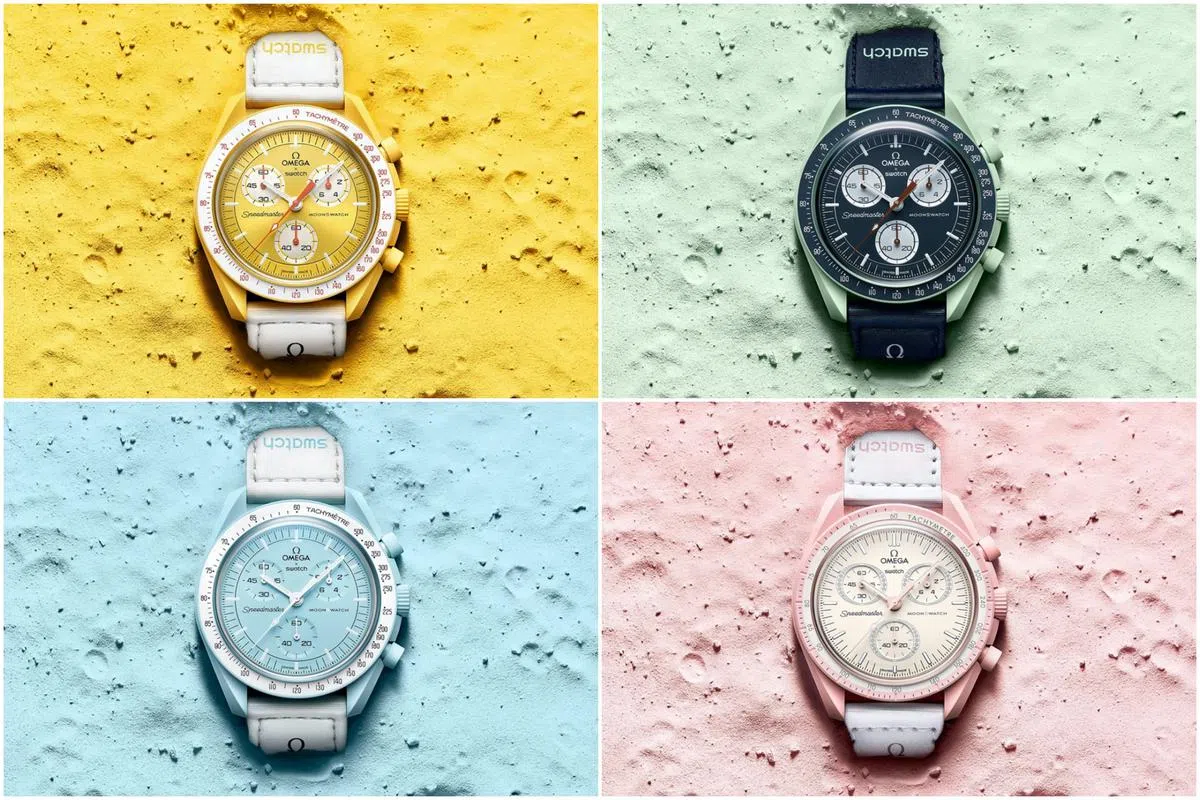 MoonSwatch系列共有11种颜色搭配，图为（左上顺时针方向）Mission to the Sun、Earth、Uranus以及Venus。（图/Omega/Swatch）