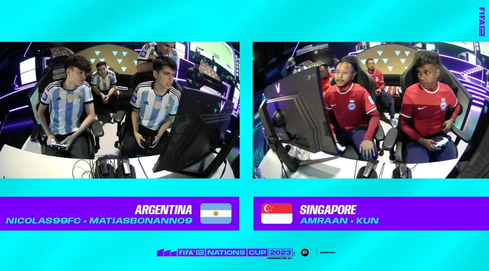 阿姆兰加尼（右）和莫哈末沙基尔（右二）连续两年代表我国参加FIFA电竞国家杯，成绩比去年来得好。（Twitch fifaestream 1频道截图）